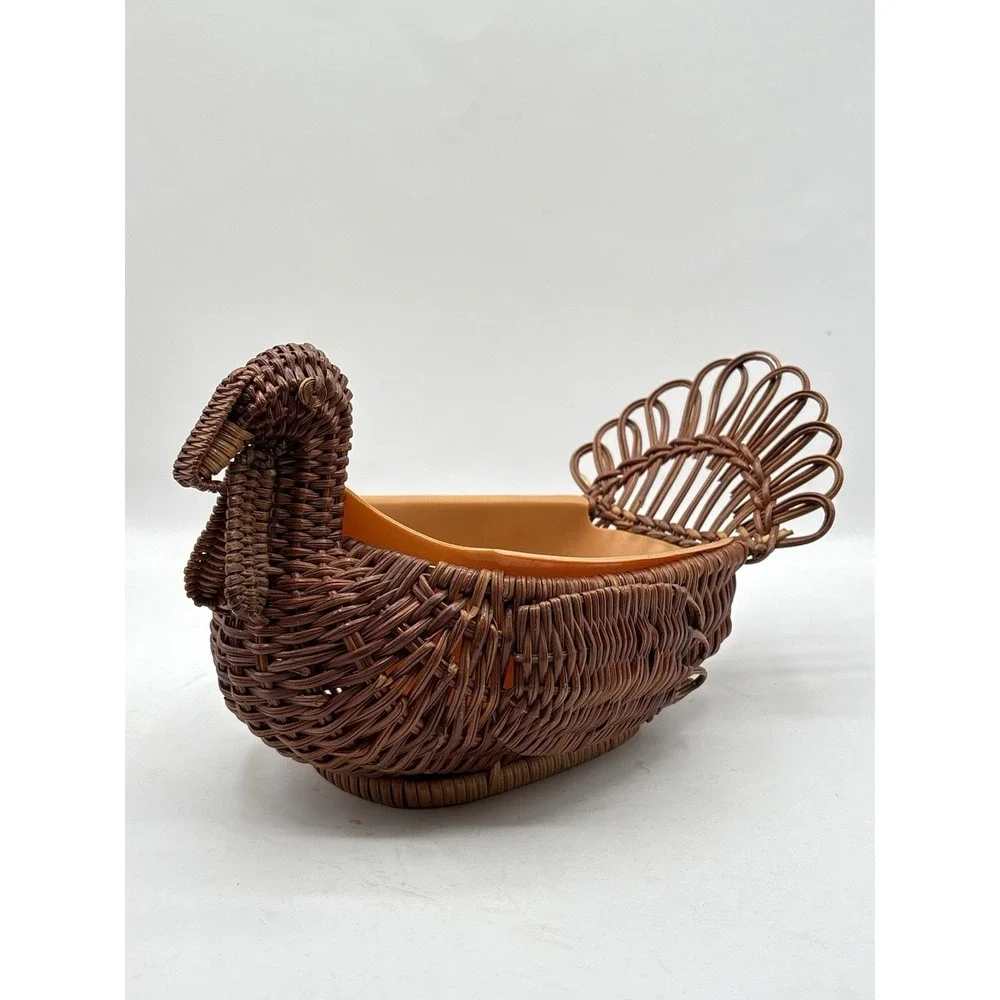 Vintage Woven Wicker Turkey Basket With Plastic Liner Bird Bread Basket